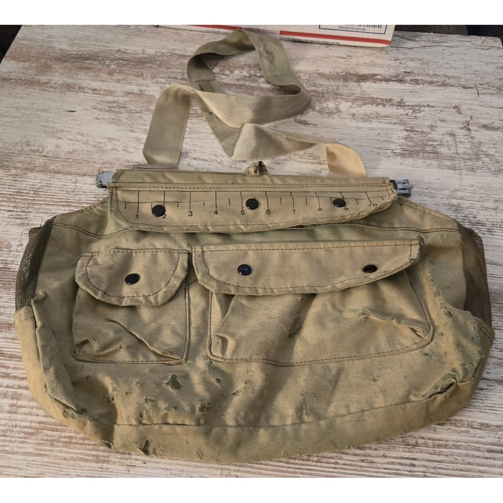 Vintage Fishing Creel Bag Tan Canvas Utility Bag with Mesh Sides Made in Taiwan